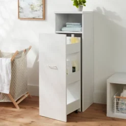 Narrow Storage Cabinet With Pull Out Cart White - Brightroom™: Utility Cart, Rolling Casters, Particle Board, 45" Height