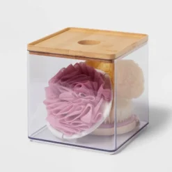 Clear Canister Large With Bamboo Lid - Brightroom™: Bathroom Container With Lid, Qtip Holder, 6"x6"x6" Plastic -Daily Comfort Store GUEST d450012a cbbd 4fbc b9ac 5c683357998f